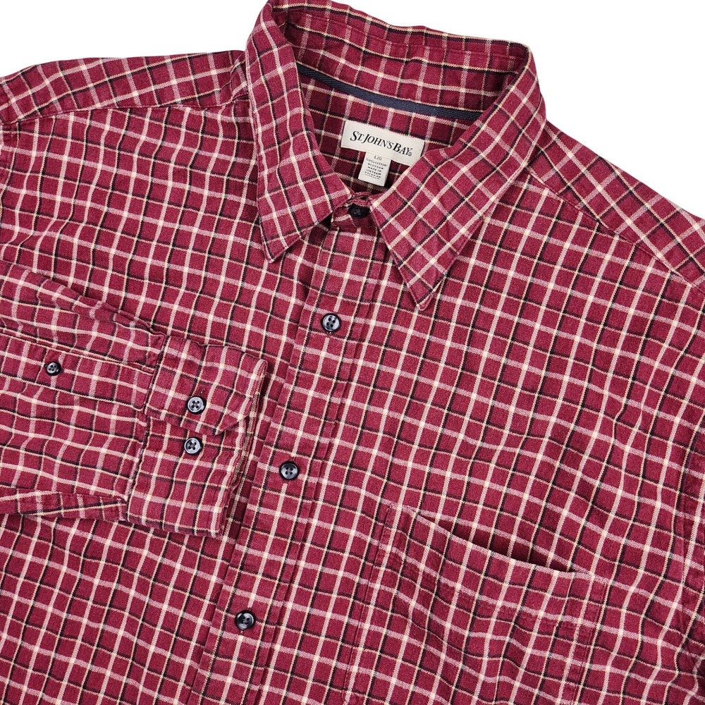 St. John's Bay Flannel Shirt Mens Large Red Plaid Long Sleeve Button Front Stain